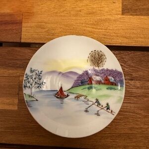 Vintage UCAGOO China Made in Japan Hand Painted Scenic Trinket Dish 5” Gold Rim